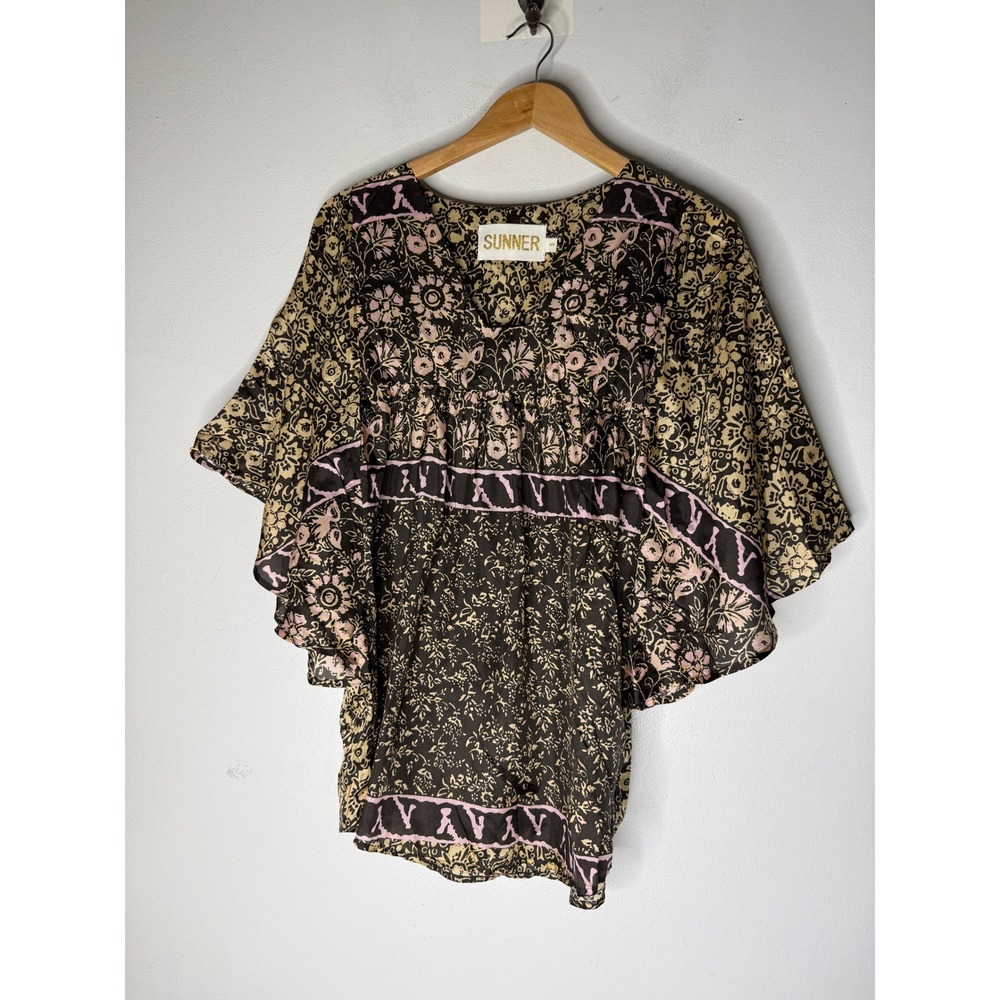 Sunner 100% Silk Floral V-Neck Flutter Sleeve Boho Blouse Black Pink Small